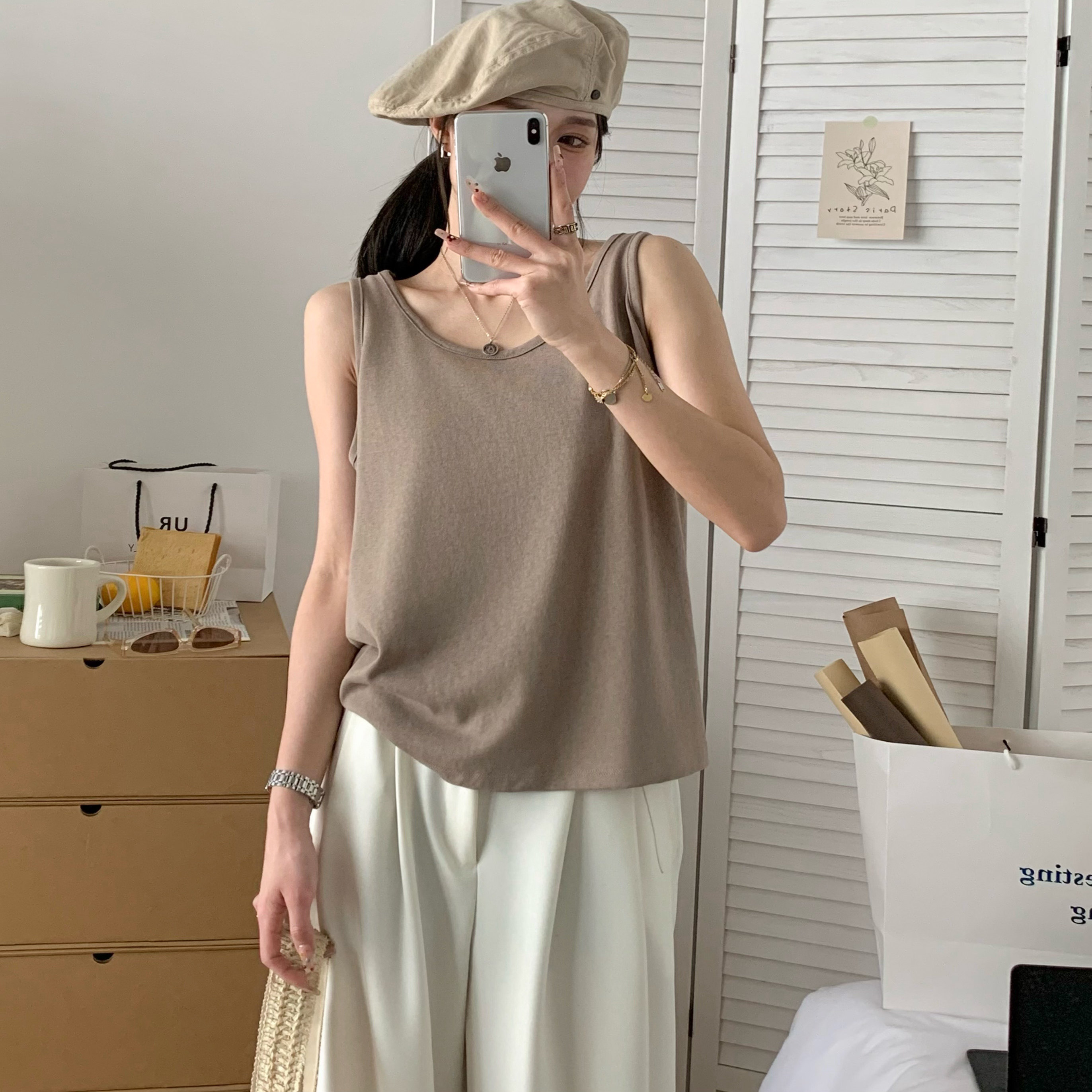 麻感棉女式背心U型领宽松大版图片