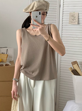 麻感棉女式背心U型领宽松大版