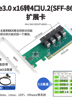 乐扩U.2扩展卡PCIe X16转4口NVMe硬盘SSD转接卡PCIE4.0需主板拆分