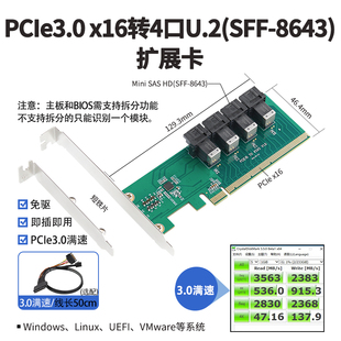 乐扩U.2扩展卡PCIe X16转4口NVMe硬盘SSD转接卡PCIE4.0需主板拆分