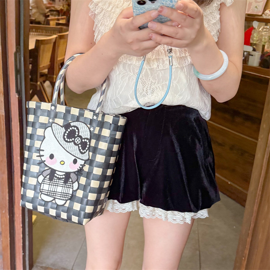 少女辣妹氛围感夏威夷黑皮kt编织菜篮子凯蒂猫包包手提袋宅女同款