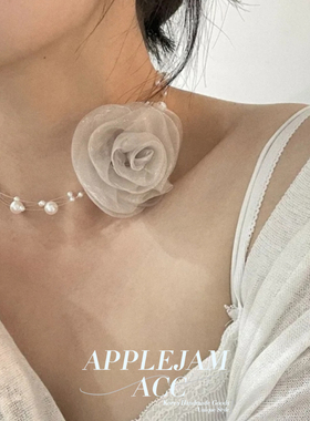 韩国进口赵美延同款项链 敲仙~珍珠立体网纱玫瑰花朵 choker