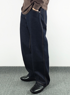 Sinrcrew「三本针丹宁」15.6oz加厚防褪色宽松深色原色直筒牛仔裤