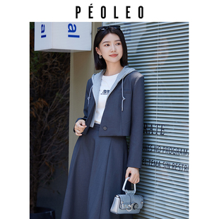 通勤女装 休闲拼接长袖 外套 新款 飘蕾气质抽绳连帽上衣2025年秋季