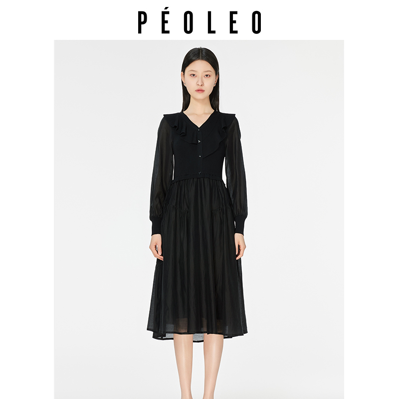 飘蕾气质V领荷叶边连衣裙2025年秋季新品收腰针织拼接大摆长裙子