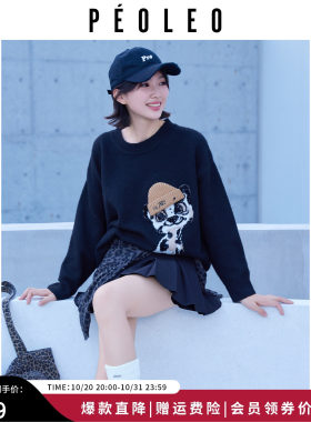飘蕾小狗图案圆领秋冬女针织衫
