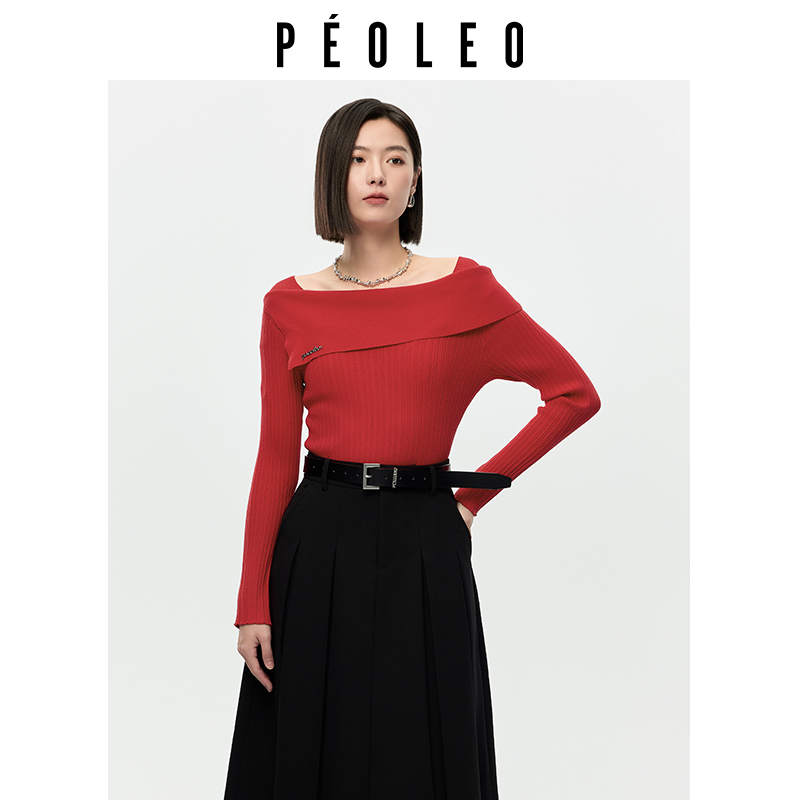 飘蕾纯色一字领针织衫毛衣新款