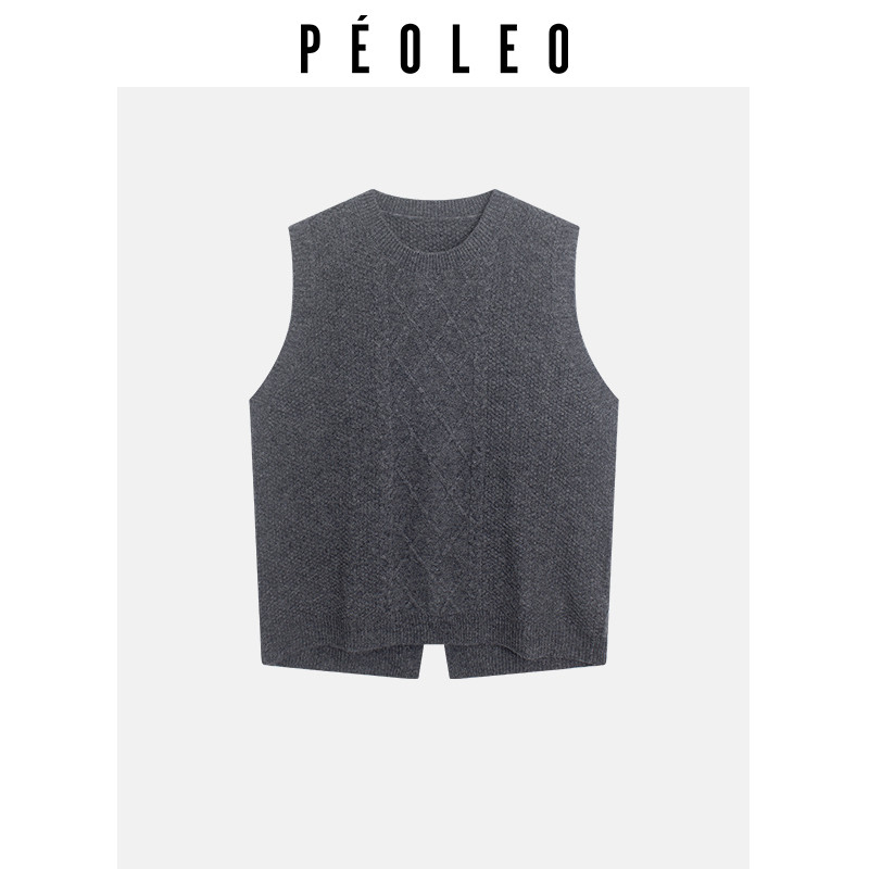 飘蕾2026春季新款无袖100%绵羊毛灰色麻花百搭针织马甲背心叠穿款