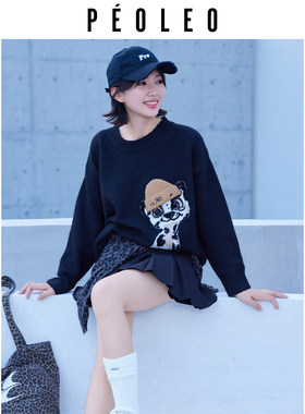 飘蕾小狗图案圆领秋冬女针织衫