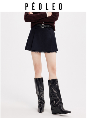 飘蕾黑色百褶小个子半身裙2025冬新款高腰A字显瘦拼接蕾丝边短裙