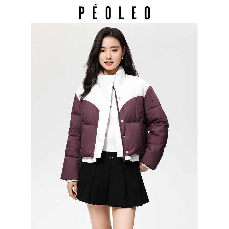 飘蕾拼色立领白鸭绒羽绒服