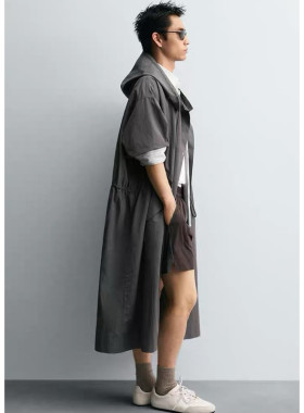 秋季新品 男装 科技面料中长款风衣连帽宽松休闲派克外套 9621905