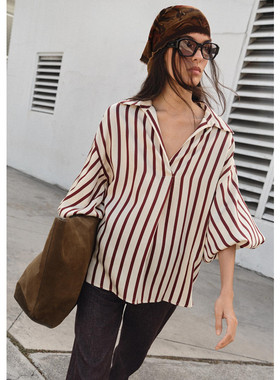 春夏新品 女装 休闲宽松泡泡袖套头V领条纹衬衫上衣 5029057 068