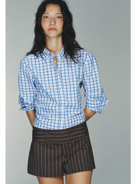 Z 春夏新款 女装 休闲宽松棉质翻领长袖格子衬衫上衣 0975005 420