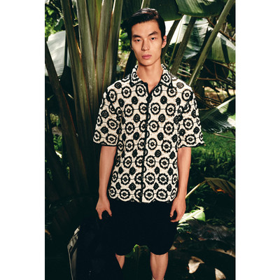 翻领短袖钩编纹理衬衫