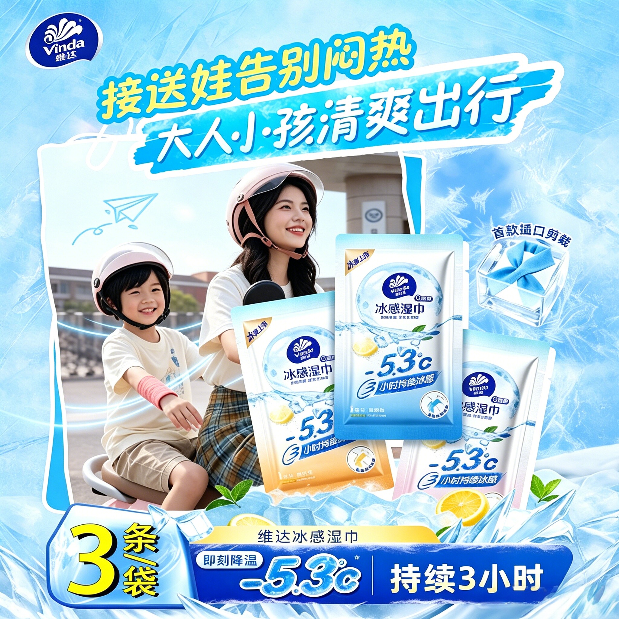 维达冰感湿巾3条装持续降温户外出行清爽便携系手系脖