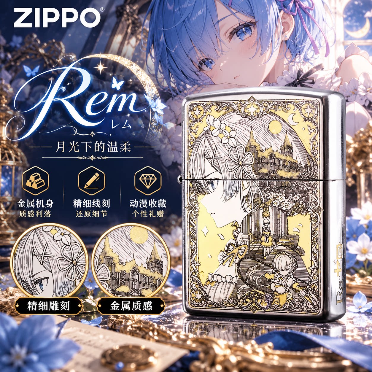 ZIPPO正品蕾姆典藏版煤油防风打火机银色精雕收藏男生日送礼盒