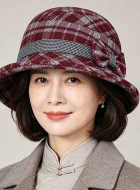 秋冬季女士奶奶保暖加厚中年帽子老人妈妈格子毛呢洋气盆帽渔夫帽
