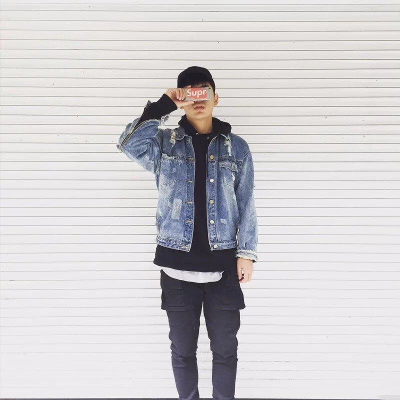 【现货】Free D Jacket 水洗做旧 红袖带 破坏 牛仔夹克 情侣