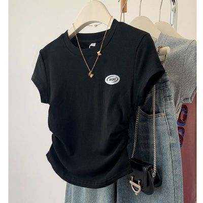 黑色不规则正肩短袖t恤女夏季夏2025新款设计感美式修身短款上衣