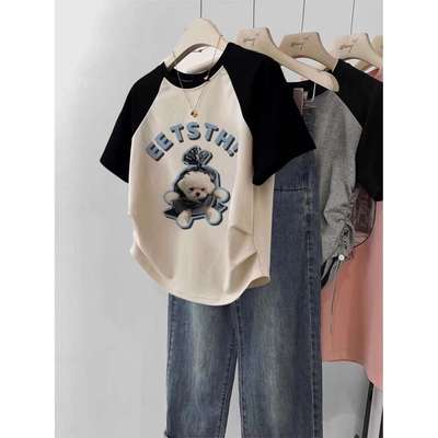 仿棉肩袖正肩短袖褶皱修身设计夏不规则美式短款拼接复古上衣紧身