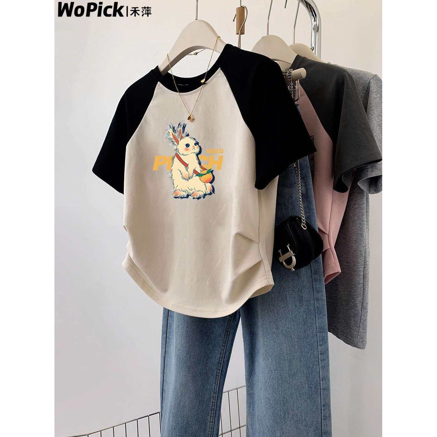 插肩袖小兔印花圆领短袖t恤女夏季2025新款褶皱收腰显瘦辣妹上衣