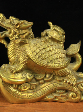 纯铜如意三代龙龟归来摆件