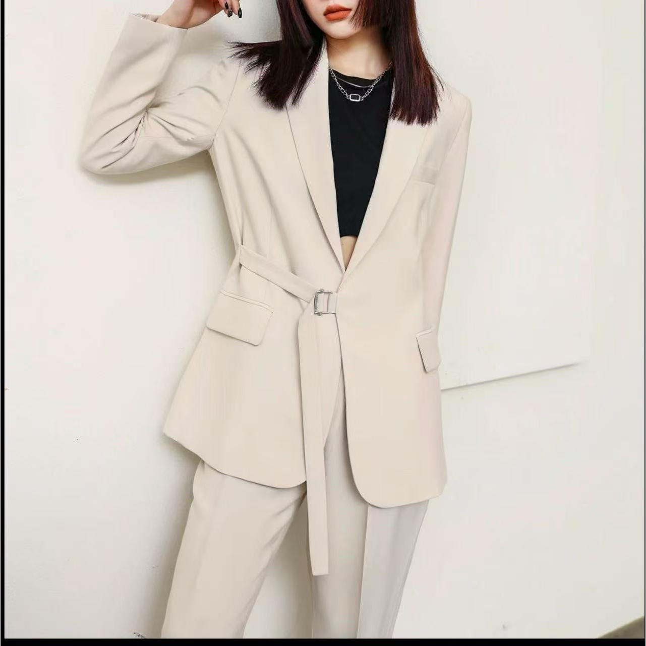 【思思粉丝专享】100%精纺羊毛金属扣腰带胸前女外套25DAK0140