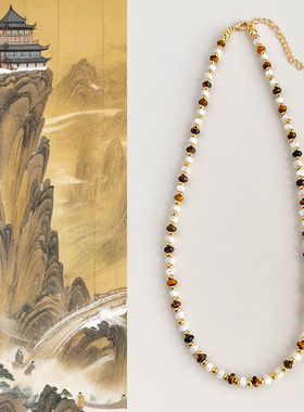 国潮原创手作复古天然石虎眼石项链秋冬棕色锁骨链高级感百搭项饰