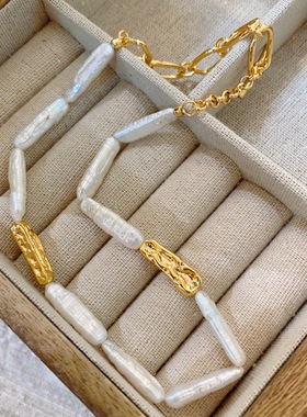 秋冬 饰品天然淡水巴洛克牙签珍珠项链女轻奢小众法式复古异形不