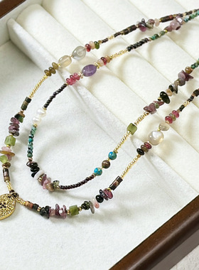 新款钛钢天然石项链女淡水珍珠碧玺异形石锁骨链女高级感松石项链