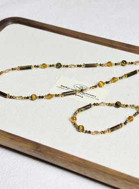 复古天然石钛钢项链原创设计高级锁骨链项链虎眼石水晶串珠毛衣链