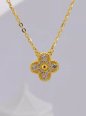 足金金包银四叶草镶石纯金色项链2026足金工艺简约送女友母亲礼物