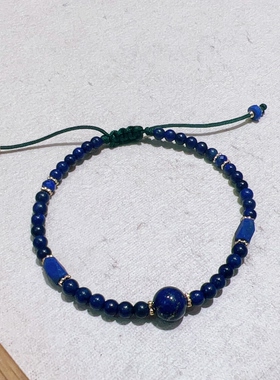 天然青金石手链原创女法式小众新中式抽拉编绳手工手链镀金几何形