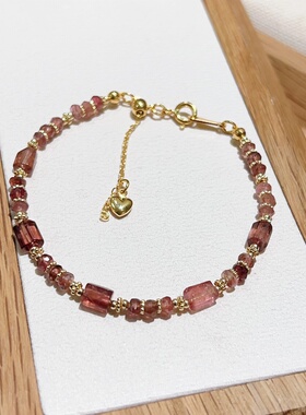 天然粉色系碧玺手链女ins珠子串珠简约原创设计碧玺算盘珠长方形