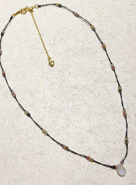 天然碧玺黑绳锁骨链极细镀金