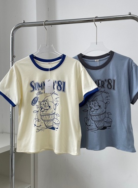 圆领短袖拼色T恤女韩国viaplain夏季新款summer81复古可爱上衣