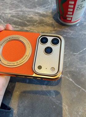 真皮 橙色iPhone17promax手机壳 金属旋转支架苹果17pro磁吸适用苹果16保护套15pro软边高端