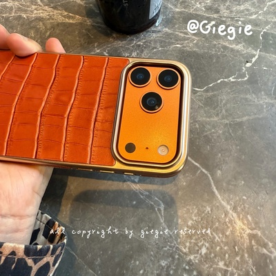 真皮 iPhone17pro Max手机壳橙色适用苹果air全包防摔16pro保护壳15/14新款情侣磨砂鳄鱼纹
