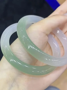 半山半水胖圆条玛瑙手镯 远山黛油青色玉髓镯子女款冰透玉镯