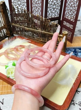 天然新疆金丝玉桃花酿玉镯子细圆条冰透藕粉飘花桃运连年轻款