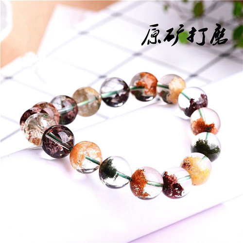 天然花幽灵水晶手链手串 彩幽灵手串 四季幽灵圆珠 DIY饰品 厂家