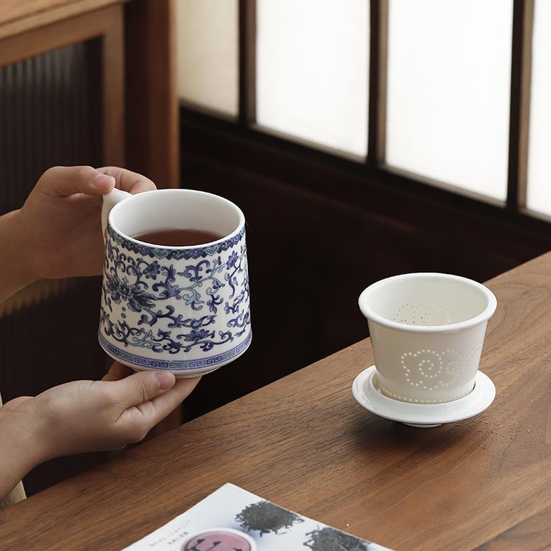 7K1陶瓷茶杯带盖家用大水杯办公室会议礼品过滤杯子青花瓷器定制