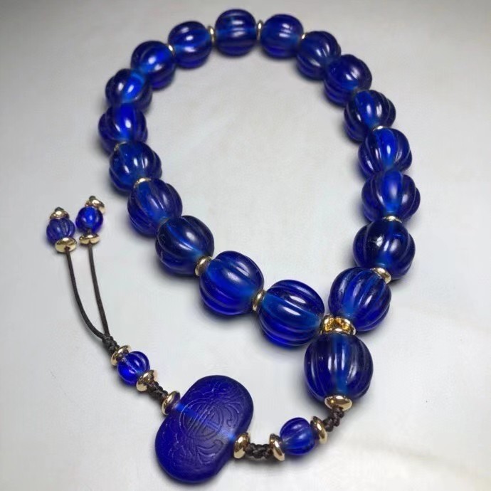 清代仿古 清宫廷蓝琉璃瓜珠十八子佛珠手持 蓝琉璃瓜棱珠多棱