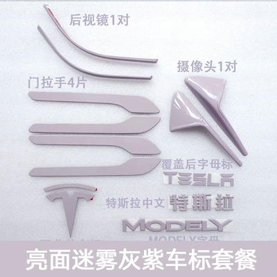 适用特斯拉ModelY/3焕新车标迷雾灰紫尾门贴门把手装饰丫配件改装