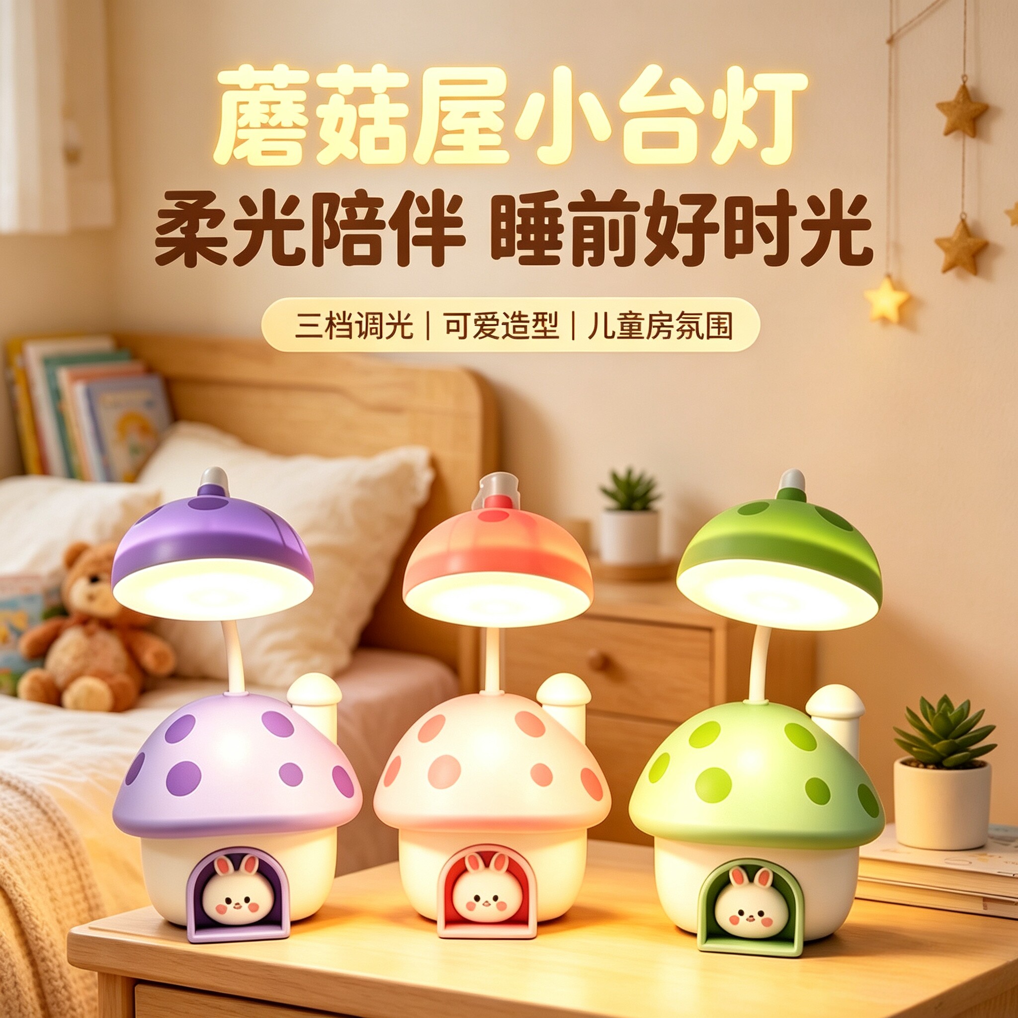 儿童卡通蘑菇屋兔子柔光小夜灯