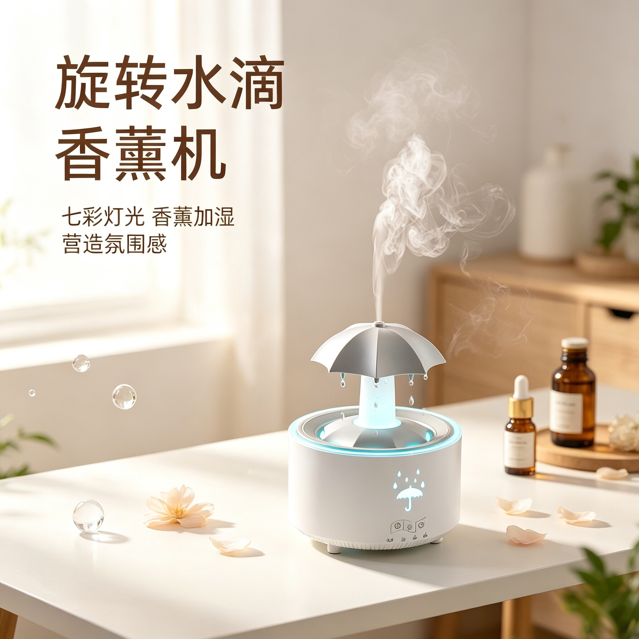 旋转雨滴香薰机七彩氛围灯大雾量家用遥控可定时桌面加湿器氛围感
