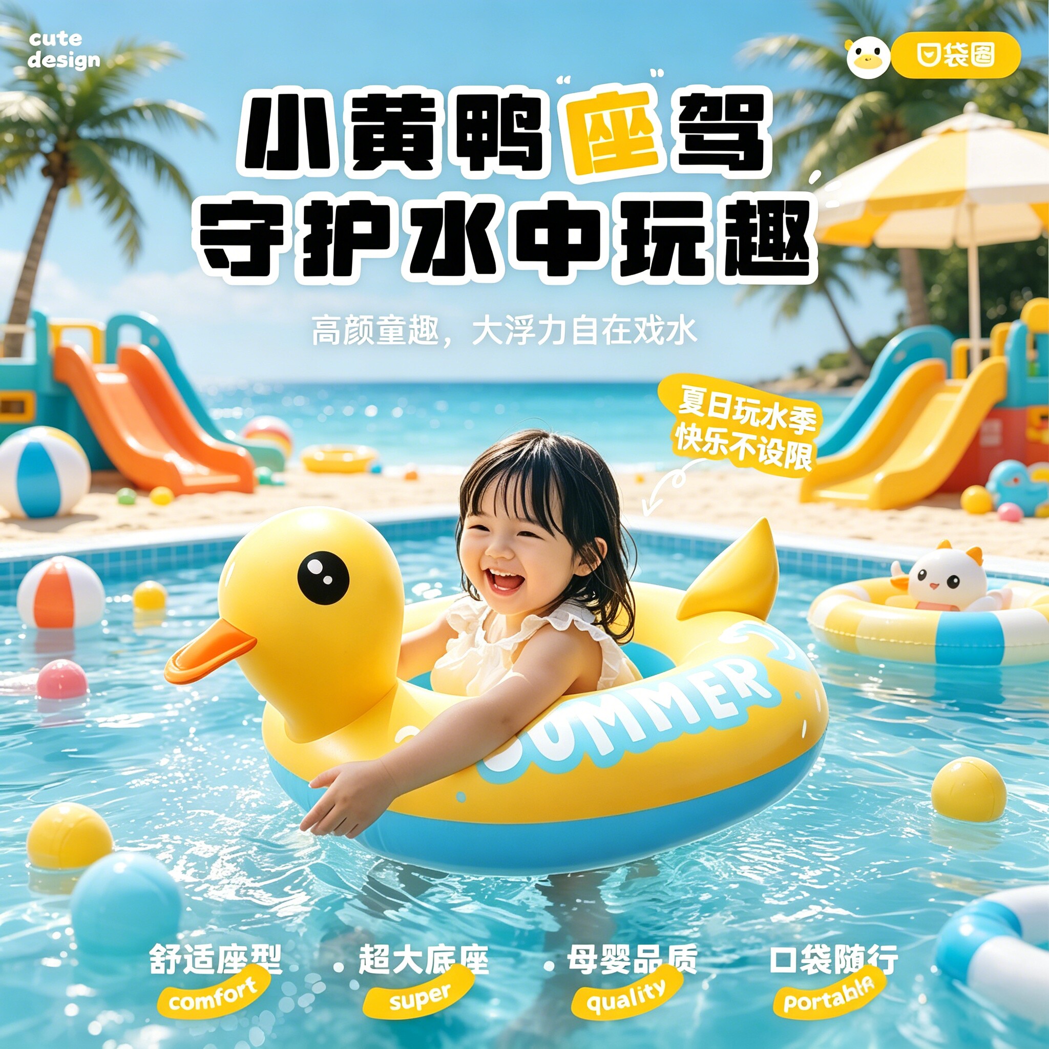 小黄鸭儿童游泳圈小孩防侧翻救生圈宝宝充气鸭子艇充气鸭子座圈