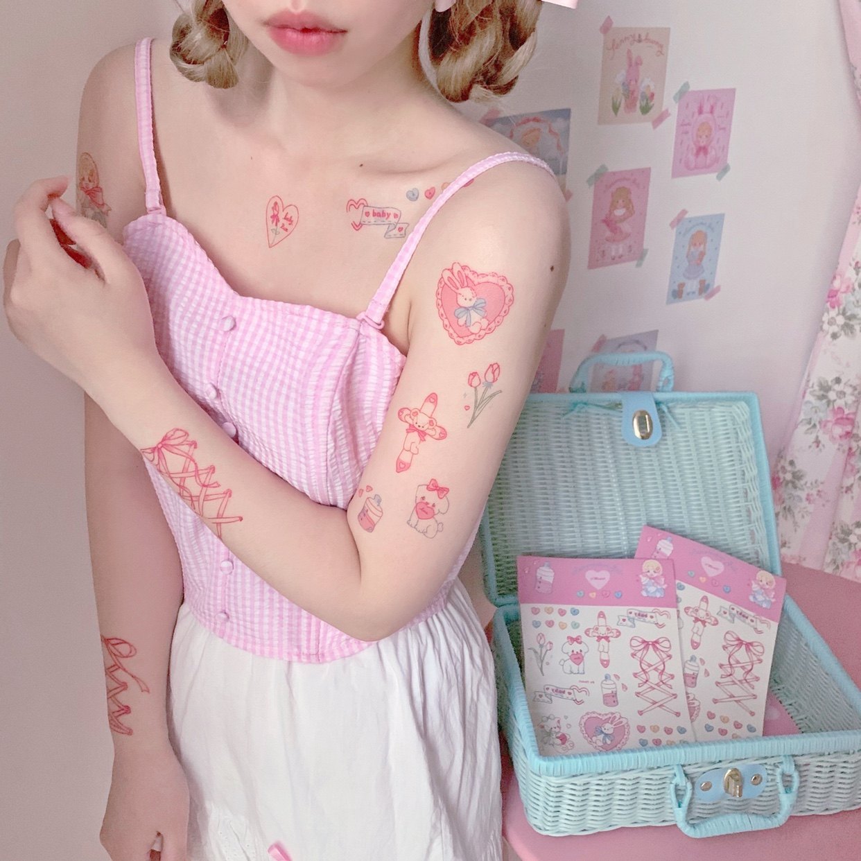 少女复活日原创粉色多巴胺纹身贴小兔子可爱花臂防水持久软妹彩色