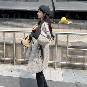大货25冬季新撞色拼接人字纹呢子大衣2D107/8905/P175控258图片